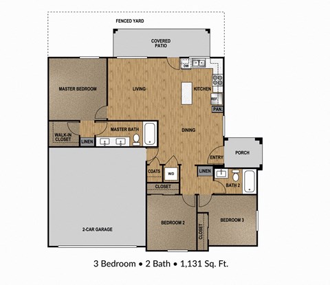 Floor plan for 3 beds, 2 baths, 1131 sqft